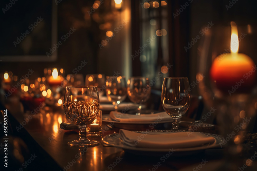 Elegant table setting with candles in restaurant. Selective focus. Romantic dinner setting with candles on table in restaurant.
