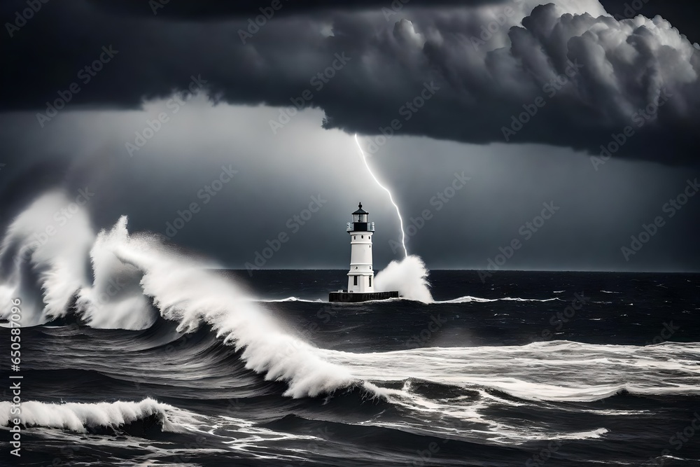 A black and white illustration of a lighthouse standing in the middle of the ocean during a dangerous storm with large waves and and dark clouds.  