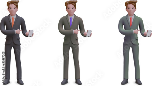 Businessman pointing at smartphone with blank screen. Set of illustrations in different colors. Mockup for advertising phone application. Image in cartoon style
