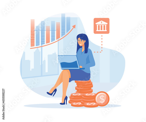 investment and savings, Financial consultant leaning on a stack of coins, Successful investor or entrepreneur, flat vector modern illustration