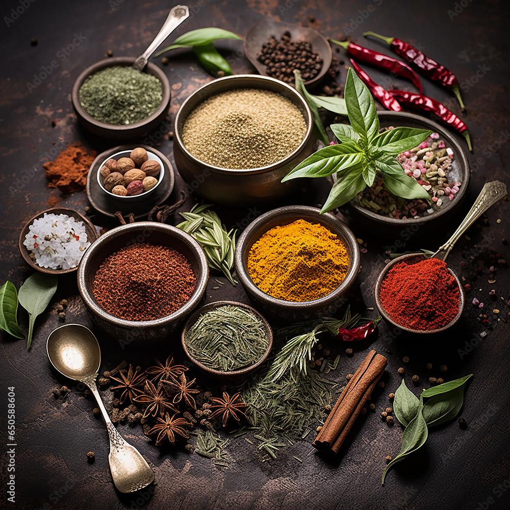 Diverse dried colorful ayurveda spices on dark rustic background, top view - obrazy, fototapety, plakaty 