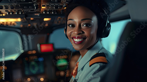 African American woman working as flight attendant. Female airplane stewardess interior of passenger plane. Generative Ai © tong2530