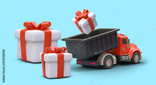 3D dumper with gifts. Cute concept in cartoon style. Announcement of generous promotion. Bonuses for buyers. Prize draw. Vector color banner for web design