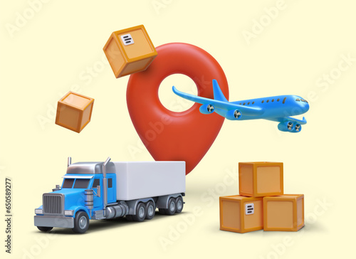 Advertising poster with 3d truck, different parcels and airplane. Fast delivery to destination with different transport. Colorful vector illustration with yellow background