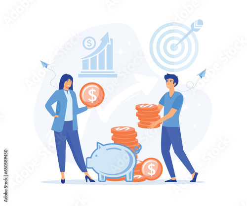 Financial investments, Married Couple Save Coins in Piggy Bank, Family Budget, Home Savings and Investment Money, flat vector modern illustration 