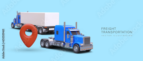 Freight transportation. 3D red geotag, trucks going in different directions. Delivery of oversized cargo, parcels. Advertising of carrier services. Vector banner on blue background. Place for text