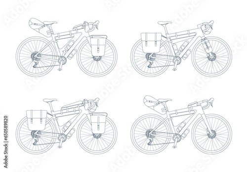Set of touring bikes with bikepacking bags in outline sketch style. Road, gravel bicycle and elements gear. Saddlebag, frame, trunk, handlebar bag. Collection isolated line vector illustration 
