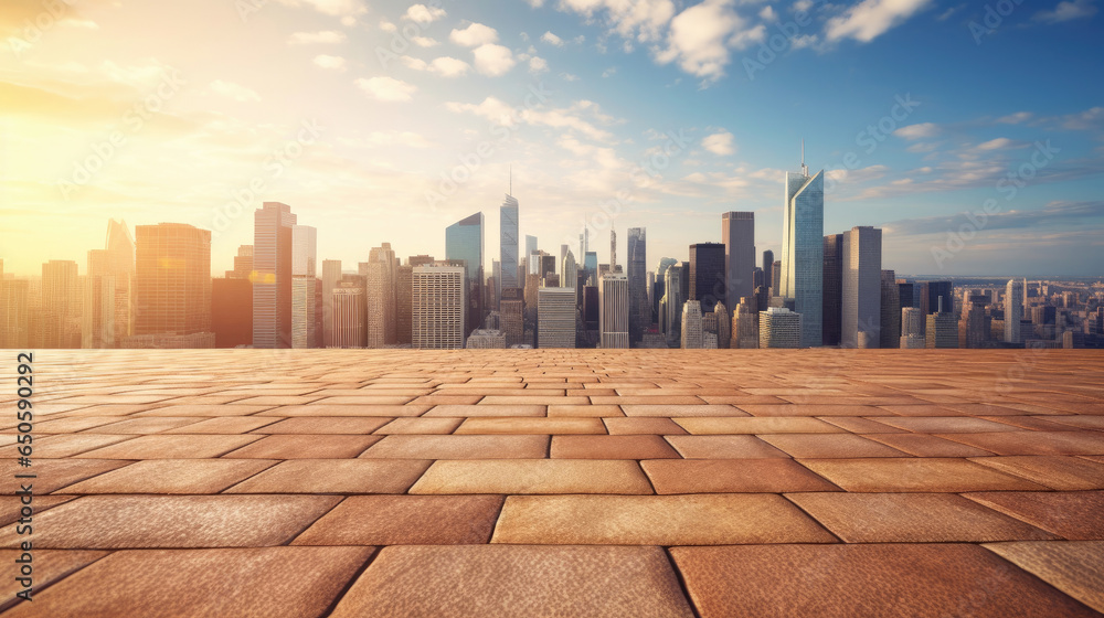 Fototapeta premium Empty brick floor with cityscape and skyline background. Generative Ai