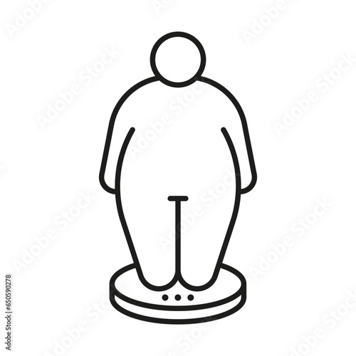 Measure body of person on scales, control weigh obese line icon. Fat figure and big size man. Vector illustration