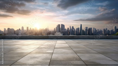 Empty cement floor with cityscape and skyline background. Generative Ai