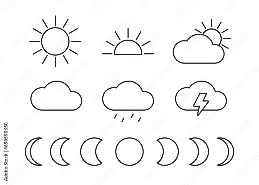 Weather sun, cloud and moon line icon set. Environment sunshine, thunder, cloud. Vector sign Weather sun, cloud and moon line icon set. Environment sunshine, thunder, cloud. Vector sign