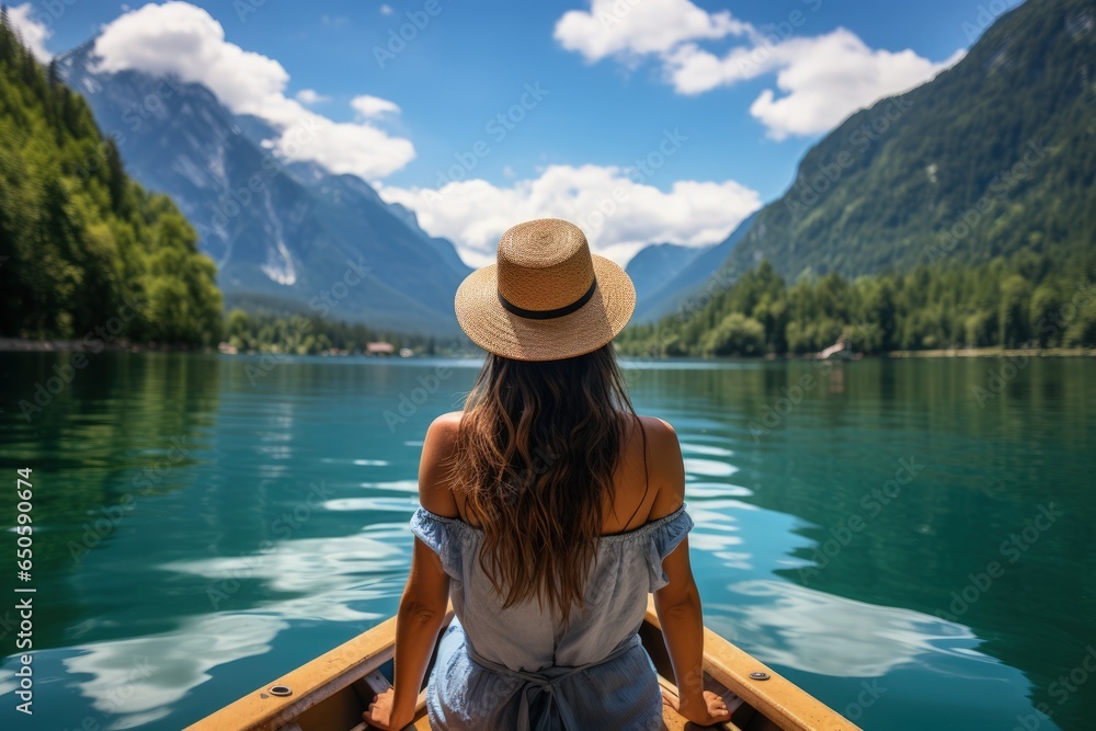 Summer vacation concept, happy girl in hat relaxing on a boat on a mountain lake