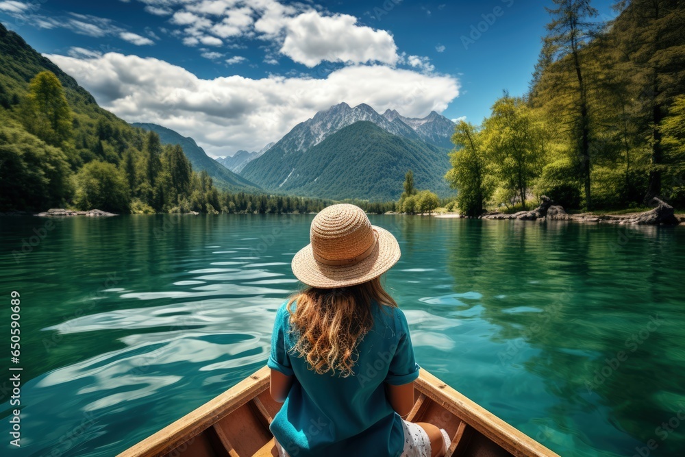 Summer vacation concept, happy girl in hat relaxing on a boat on a mountain lake Summer vacation concept, happy girl in hat relaxing on a boat on a mountain lake