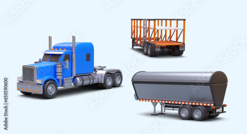 3d realistic blue truck, open design trailer for transporting heavy loads and metal trailer for transportation of bulk cargo. Poster for cargo transportation company. Colorful vector illustration