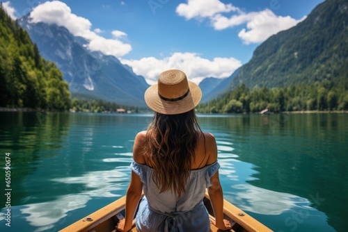 Summer vacation concept  happy girl in hat relaxing on a boat on a mountain lake