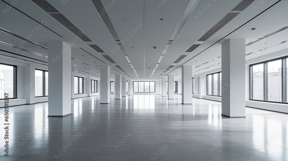 Empty office, Modern corporate open office in minimalist modern design in whites and greys. Generative Ai