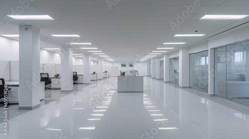 Empty office, Modern corporate open office in minimalist modern design in whites and greys. Generative Ai