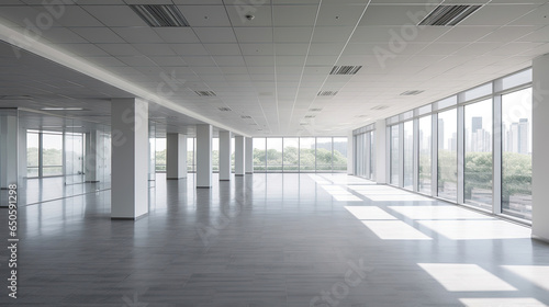Empty office  Modern corporate open office in minimalist modern design in whites and greys. Generative Ai