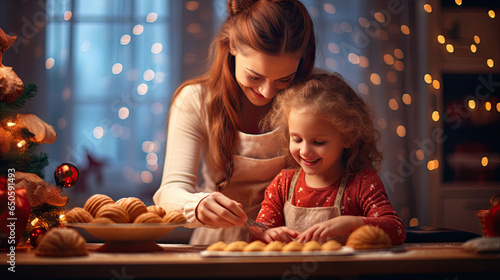 Merry Christmas and happy holidays. Mother and daughter are preparing Christmas cookies at the kitchen. Generative Ai