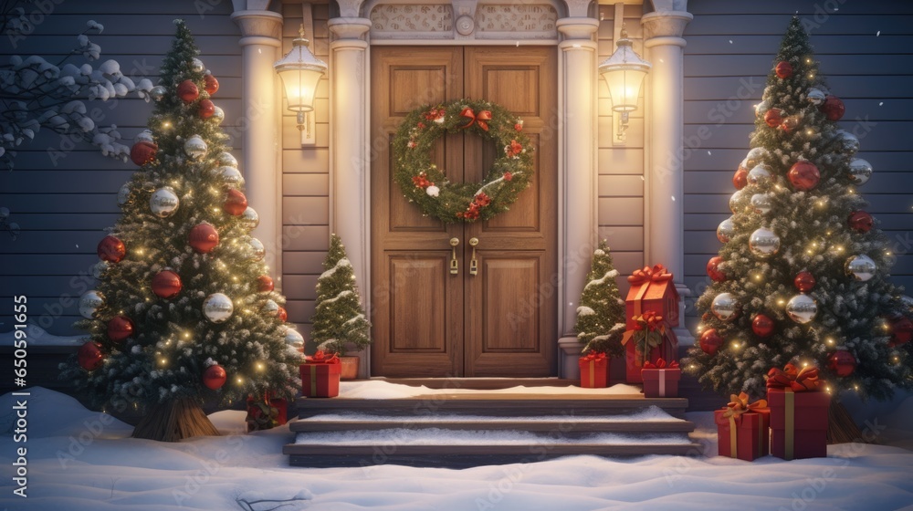 A Christmas wreath is hanging on the front door
