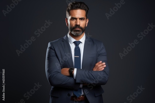 Portrait of a young Indian businessman with crossed arms on a dark background