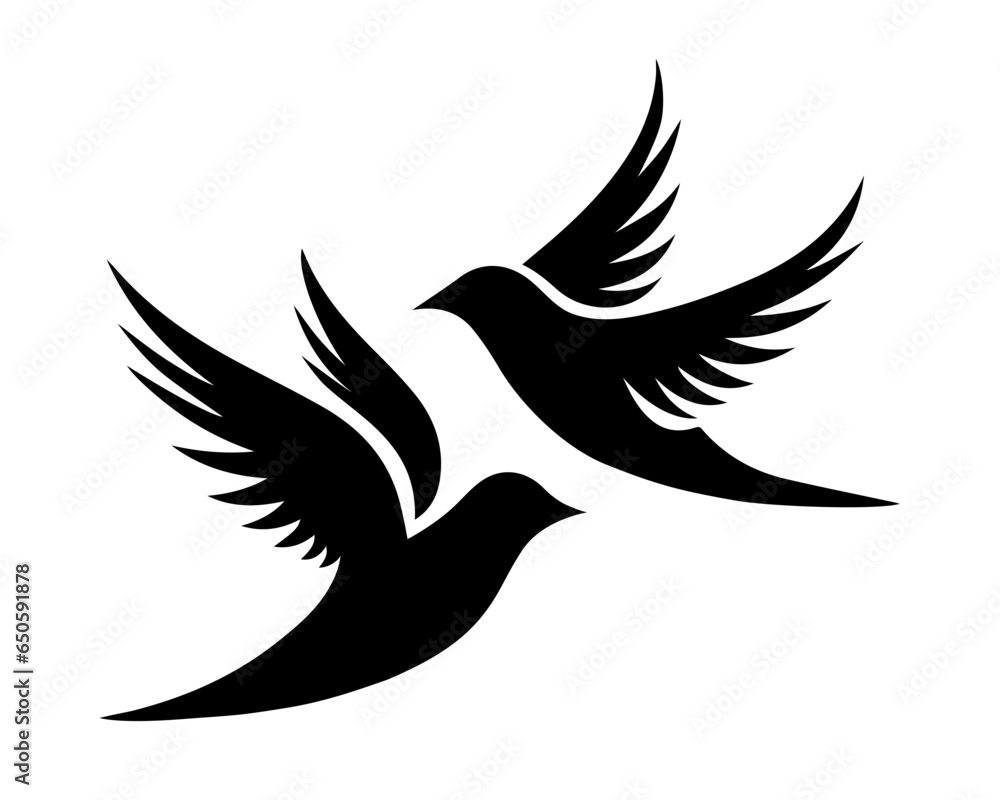 Fototapeta premium Two black birds silhouette, dove of peace. Symbol sign for geopolitics theme. Stop war, pray for Ukraine. Support Ukraine, no war. Black pigeons silhouette, isolated on white background.