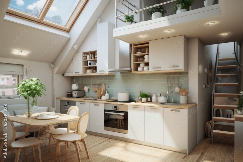 The interior of a small kitchen with a dining table and a staircase leading to the second floor The interior of a small kitchen with a dining table and a staircase leading to the second floor