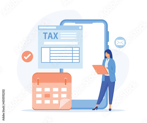 Taxation planning concept. Characters using tax calendar to filling tax declaration form online and with financial advice, flat vector modern illustration 