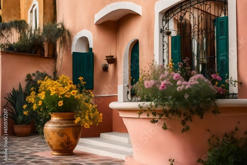 Elegant Wildflowers Realistic High-Detail Photograph Against a Blush-Pink Stucco Home © Ahtesham