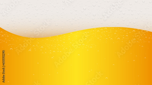 Large yellow wave beer background with bubbles. Vector Illustration