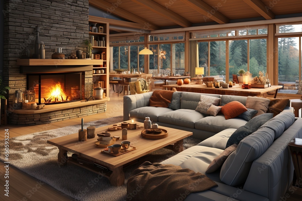 cozy warm home interior of a chic country house with an open plan, wood finishes, warm colors and a family hearth. view of the recreation area for family and guests