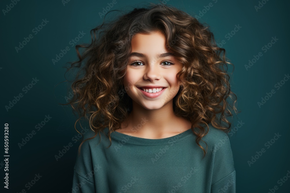 Close up horizontal portrait of a beautiful young girl smiling against green background Close up horizontal portrait of a beautiful young girl smiling against green background