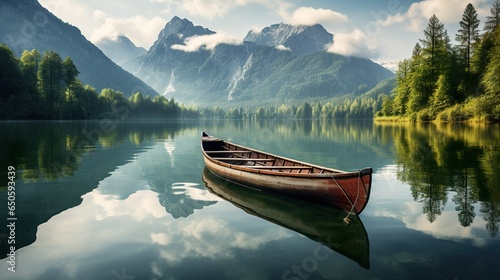 Tranquil Mountain Lake with Canoe Floating on the Surface beautiful landscape photo © JetHuynh