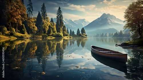 Tranquil Mountain Lake with Canoe Floating on the Surface beautiful landscape photo © JetHuynh