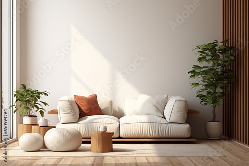 Warm and cozy interior of living room space with brown sofa, pouf, beige carpet, lamp, mock up poster frame, decoration, plant and coffee table. Cozy home décor