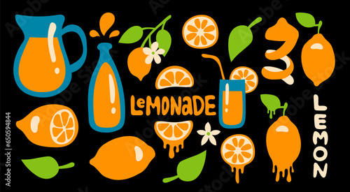 Lemonade Lemon big vector set. Hand drawn minimal melting style citrus fruit collection with lemon parts, slice, half, leaf, flowers and juice. Vector illustration