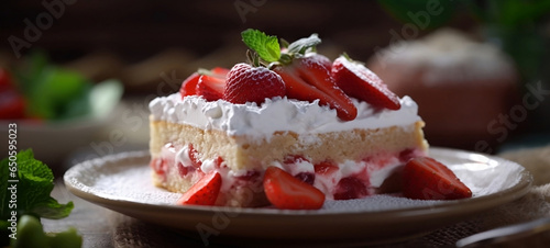 Strawberry and whippe cream cake. Generative AI.