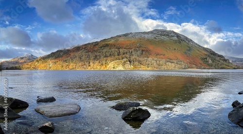 Llyn (Lake) Gwynant with nant (mount) Gwynant visible in the background, reflection of autumn colours on mountain in the still lake with rocks in the foreground photo