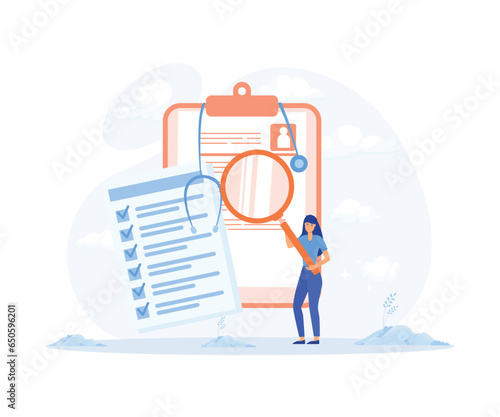 Medical history and health record paper for hospital doctor, Document with patient disease or illness progress, Professional nurse note, flat vector modern illustration