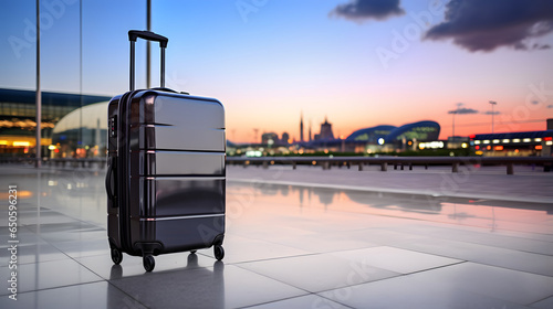 business travel with suitcase and airport background