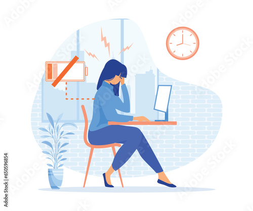 stress in the office, Stressed unhappy upset tired girl in office suffering of pain,  flat vector modern illustration