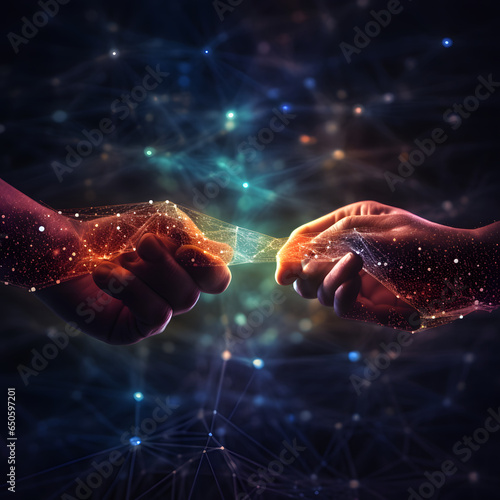 a partnership and data exchange consisting of  glowing points on a dark background, abstract business concept, networking, business deal