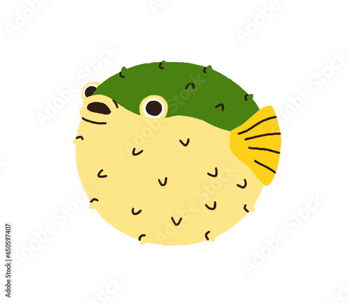 Cute funny spiked puffer fish. Exotic tropical pufferfish, blowfish. Round spiky balloonfish. Sea marine water animal of sphere shape. Flat vector illustration isolated on white background