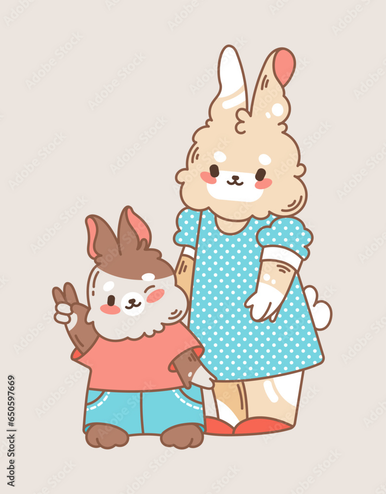 Family shopping. Mom rabbit with son with a shopping basket, bananas, paper bag. Cute vector illustration for store sales. Family shopping. Mom rabbit with son with a shopping basket, bananas, paper bag. Cute vector illustration for store sales.