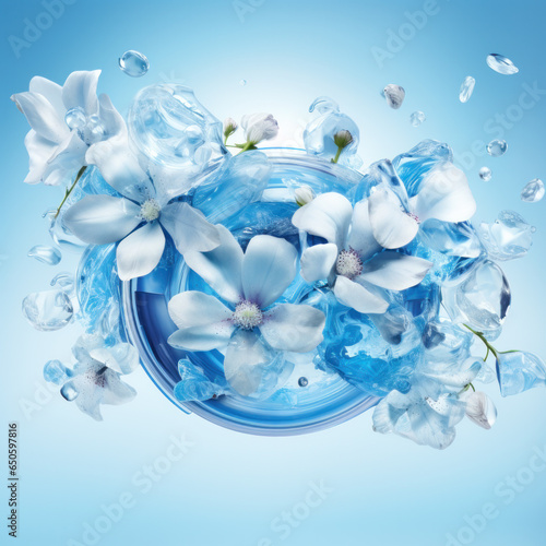 Sale concept for machine washing. Capsules with detergent and spring flowers decor in water. Laundry pods, fall style. Eco friendly clothes washing.