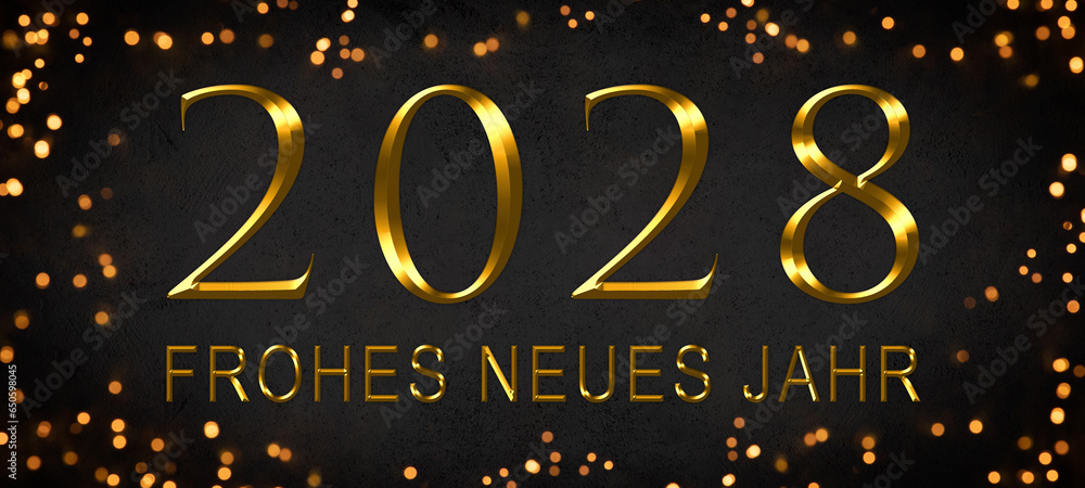 Frohes neues Jahr 2028, Neujahr Grußkarten Feier Karte mit Text, deutsch - Goldene Jahreszahl, Rahmen aus Bokeh-Lichter, schwarzer Hintergrund Frohes neues Jahr 2028, Neujahr Grußkarten Feier Karte mit Text, deutsch - Goldene Jahreszahl, Rahmen aus Bokeh-Lichter, schwarzer Hintergrund