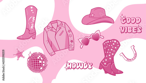 Cowgirl vector set of pink accessories. Barbiecore cowboy style illustrations 