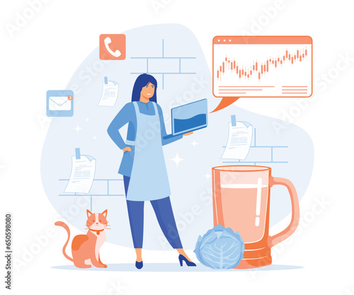 Multitasking, time management concept. Multitasking busy mom at home, A woman managing the balance between family life, house work and business career.flat vector modern illustration 