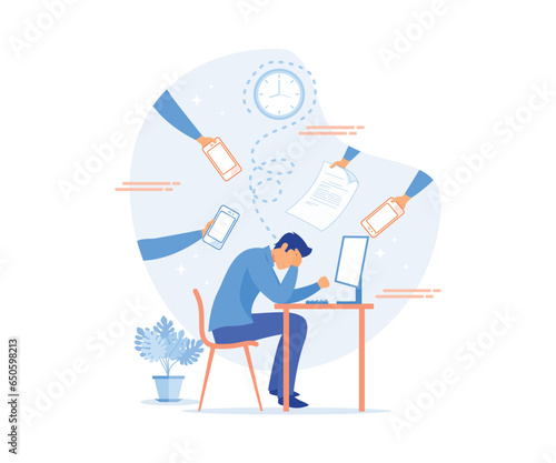 Multitasking and Time Management Concept. Business Man Surrounded by Hands with Office Things. flat vector modern illustration