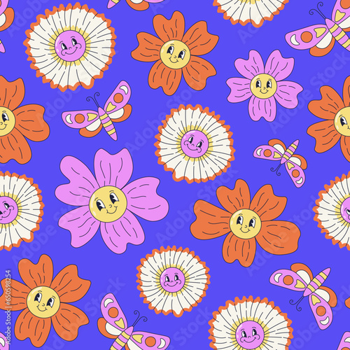Hippie flowers colorful seamless pattern. Hand drawn vibrant groovy retro flowers. Floral funny cartoon characters. Vivid Repeat vector illustration